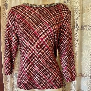 CASHMERE plaid SWEATER Jeweled Neck  MEDIUM